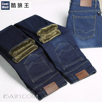 酷狼王 秋冬加绒加厚直筒牛仔裤